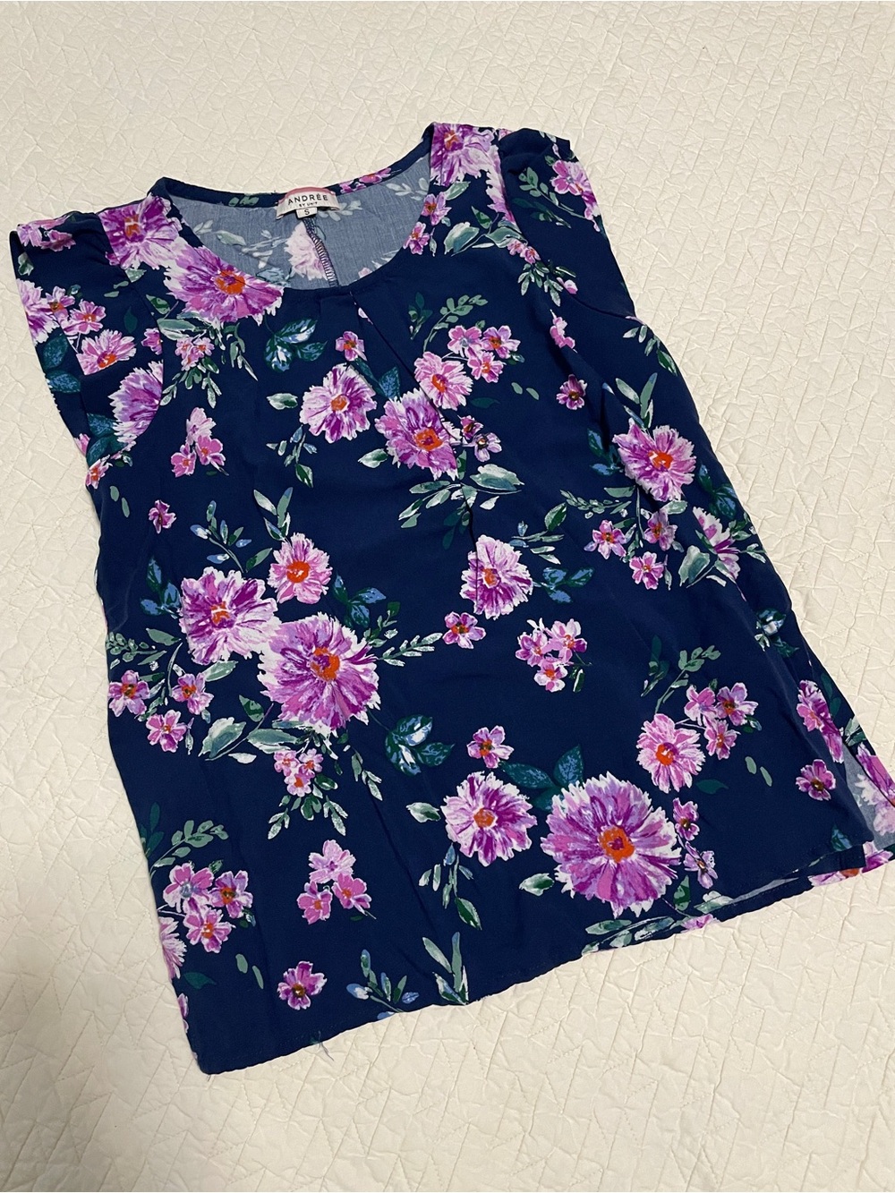 ANDREE BY UNIT Navy Sleeveless Floral Blouse with Pink & Purple Flowers